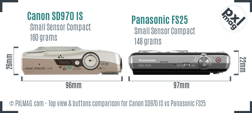 Canon SD970 IS vs Panasonic FS25 top view buttons comparison