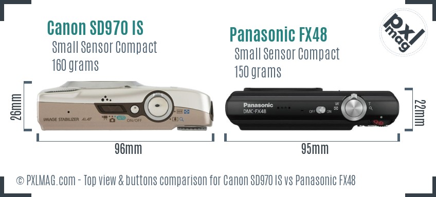 Canon SD970 IS vs Panasonic FX48 top view buttons comparison