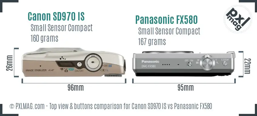 Canon SD970 IS vs Panasonic FX580 top view buttons comparison Canon SD970 IS vs Panasonic FX580 top view buttons comparison