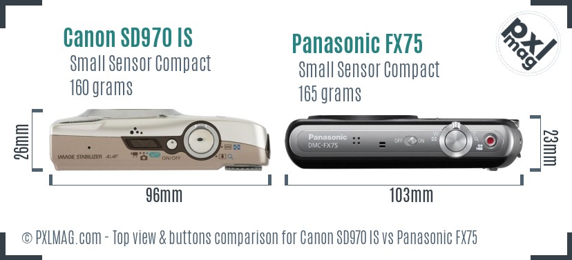 Canon SD970 IS vs Panasonic FX75 top view buttons comparison
