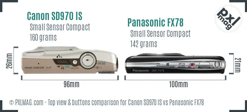 Canon SD970 IS vs Panasonic FX78 top view buttons comparison