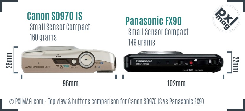 Canon SD970 IS vs Panasonic FX90 top view buttons comparison