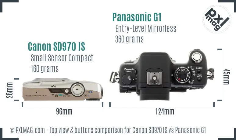 Canon SD970 IS vs Panasonic G1 top view buttons comparison