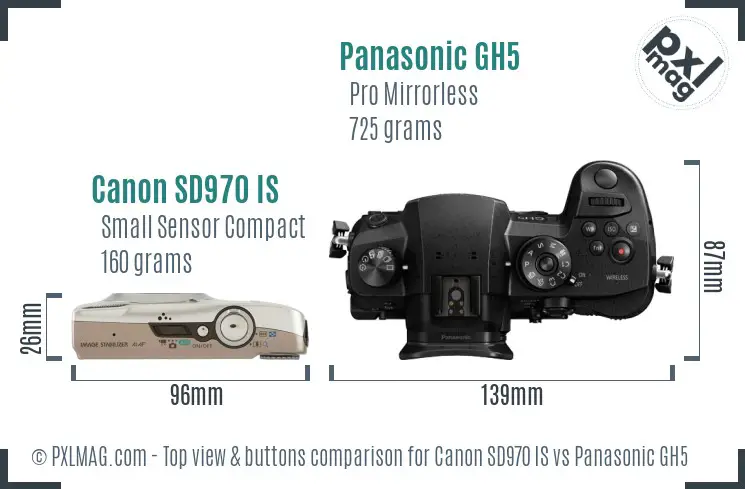 Canon SD970 IS vs Panasonic GH5 top view buttons comparison
