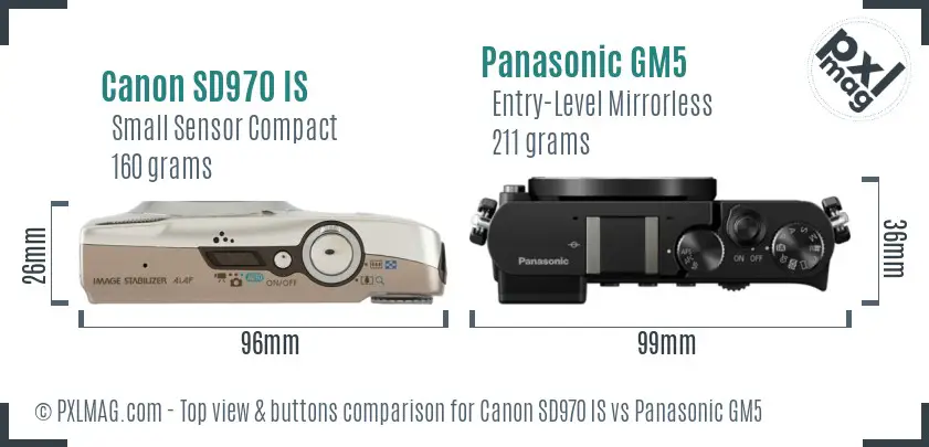Canon SD970 IS vs Panasonic GM5 top view buttons comparison