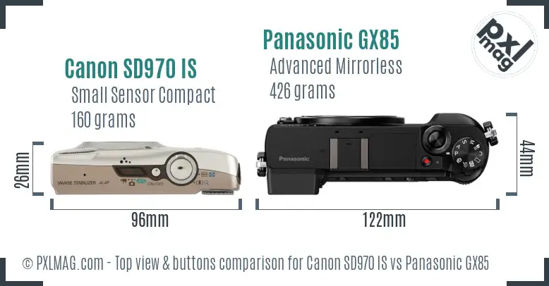 Canon SD970 IS vs Panasonic GX85 top view buttons comparison