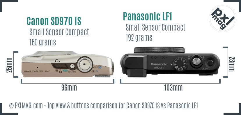 Canon SD970 IS vs Panasonic LF1 top view buttons comparison