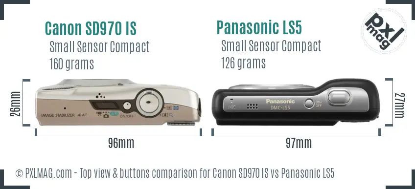Canon SD970 IS vs Panasonic LS5 top view buttons comparison