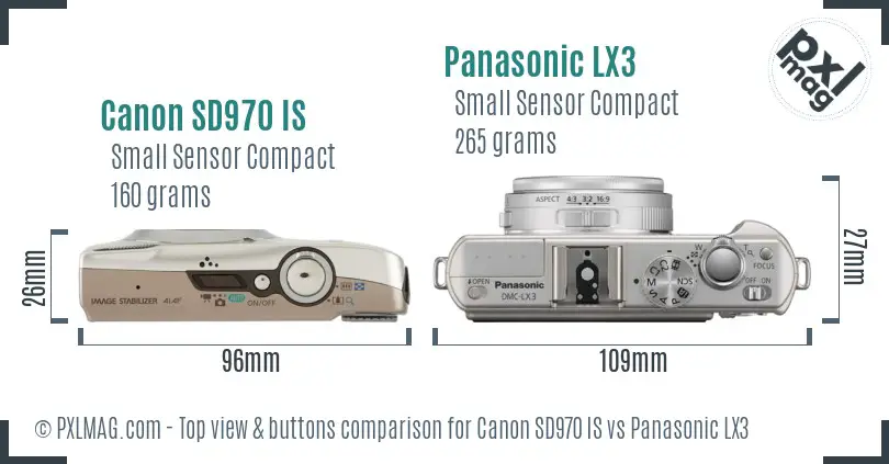 Canon SD970 IS vs Panasonic LX3 top view buttons comparison