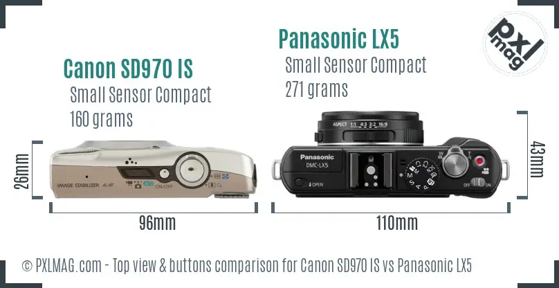 Canon SD970 IS vs Panasonic LX5 top view buttons comparison