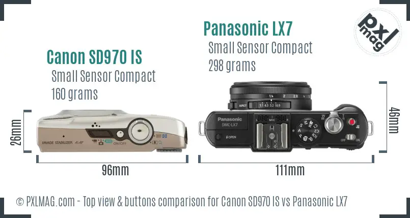 Canon SD970 IS vs Panasonic LX7 top view buttons comparison