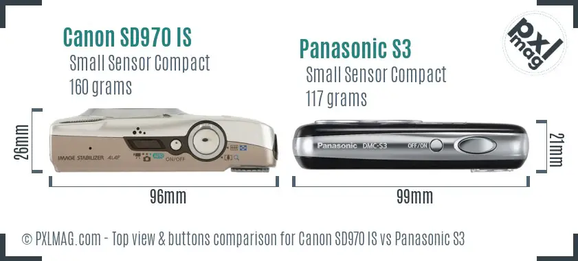 Canon SD970 IS vs Panasonic S3 top view buttons comparison