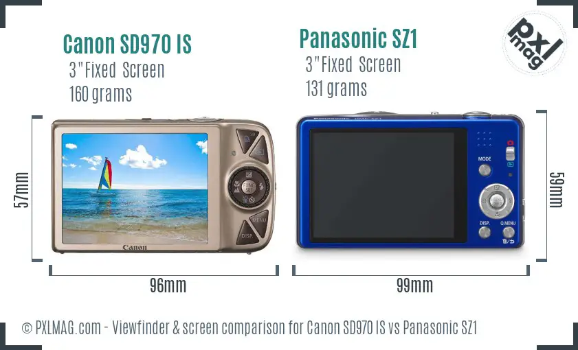 Canon SD970 IS vs Panasonic SZ1 Screen and Viewfinder comparison