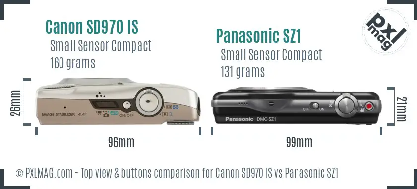 Canon SD970 IS vs Panasonic SZ1 top view buttons comparison