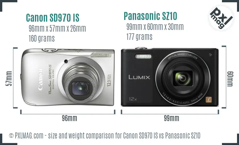 Canon SD970 IS vs Panasonic SZ10 size comparison