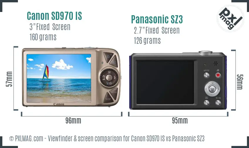 Canon SD970 IS vs Panasonic SZ3 Screen and Viewfinder comparison
