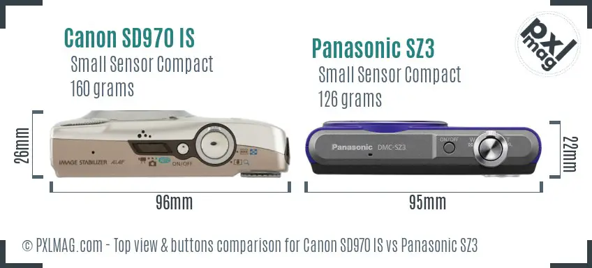 Canon SD970 IS vs Panasonic SZ3 top view buttons comparison