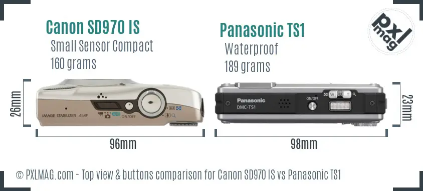 Canon SD970 IS vs Panasonic TS1 top view buttons comparison