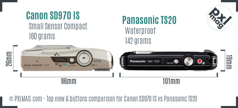 Canon SD970 IS vs Panasonic TS20 top view buttons comparison