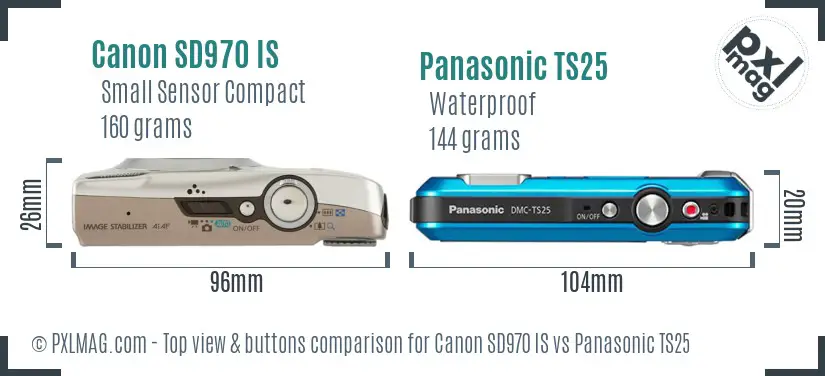 Canon SD970 IS vs Panasonic TS25 top view buttons comparison
