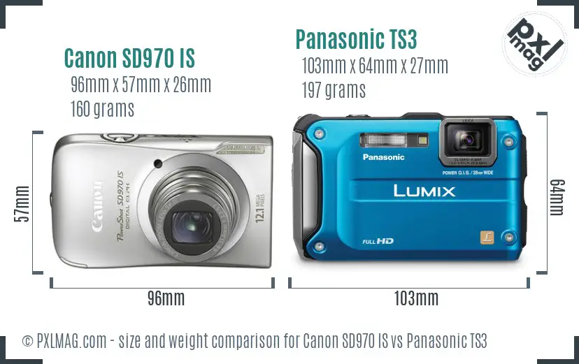 Canon SD970 IS vs Panasonic TS3 size comparison