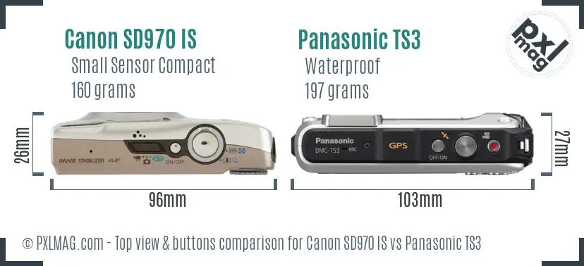 Canon SD970 IS vs Panasonic TS3 top view buttons comparison