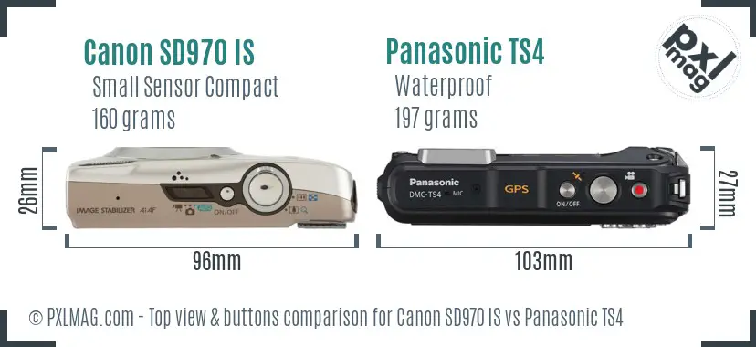 Canon SD970 IS vs Panasonic TS4 top view buttons comparison