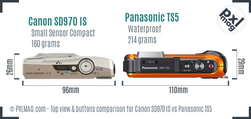 Canon SD970 IS vs Panasonic TS5 top view buttons comparison
