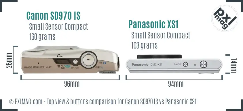 Canon SD970 IS vs Panasonic XS1 top view buttons comparison