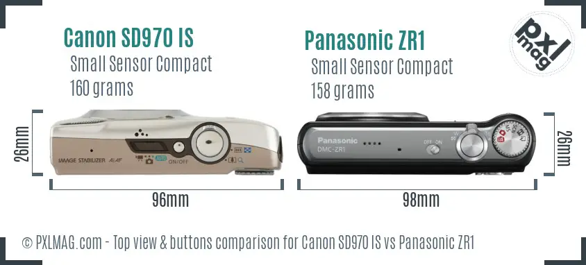 Canon SD970 IS vs Panasonic ZR1 top view buttons comparison
