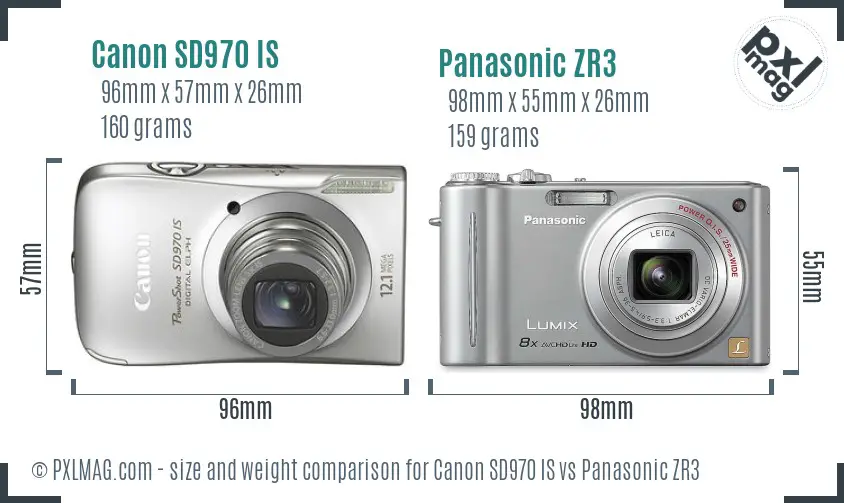 Canon SD970 IS vs Panasonic ZR3 size comparison