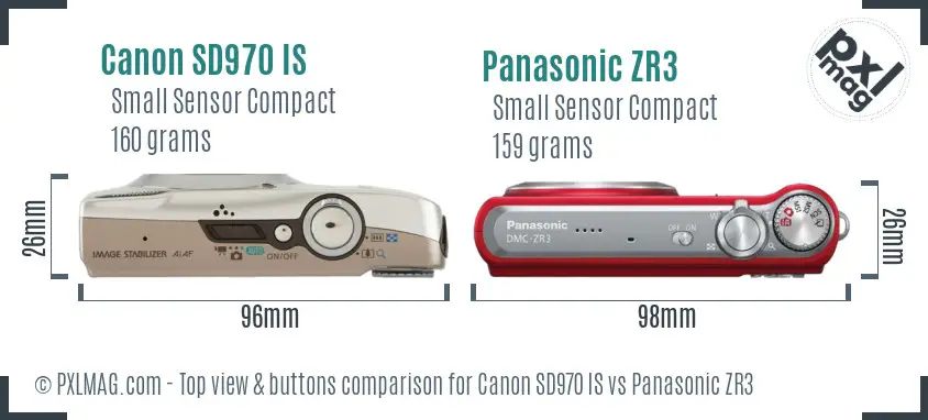 Canon SD970 IS vs Panasonic ZR3 top view buttons comparison