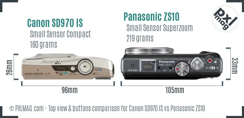 Canon SD970 IS vs Panasonic ZS10 top view buttons comparison
