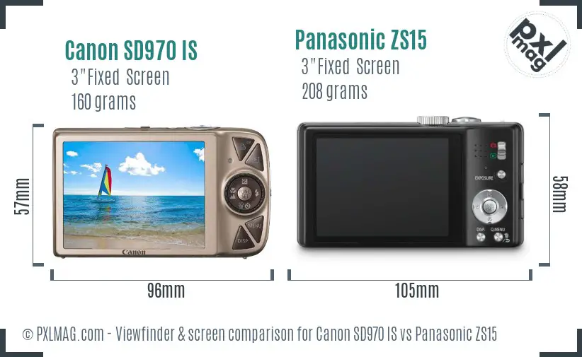 Canon SD970 IS vs Panasonic ZS15 Screen and Viewfinder comparison