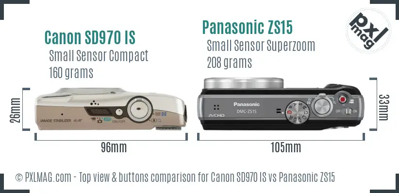 Canon SD970 IS vs Panasonic ZS15 top view buttons comparison