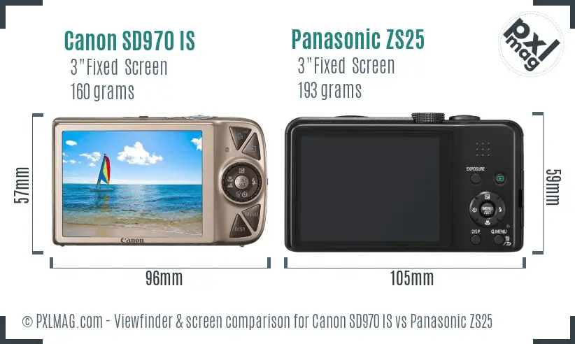 Canon SD970 IS vs Panasonic ZS25 Screen and Viewfinder comparison