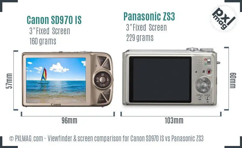 Canon SD970 IS vs Panasonic ZS3 Screen and Viewfinder comparison