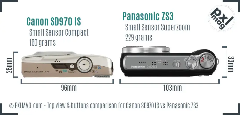 Canon SD970 IS vs Panasonic ZS3 top view buttons comparison