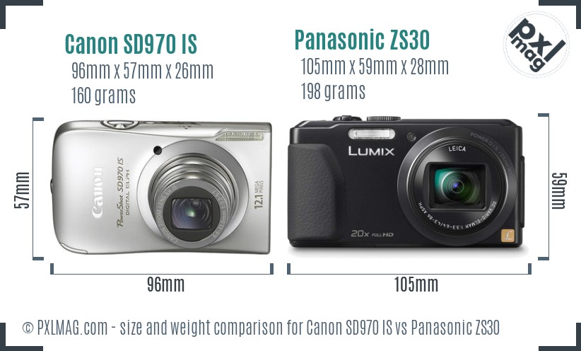 Canon SD970 IS vs Panasonic ZS30 size comparison