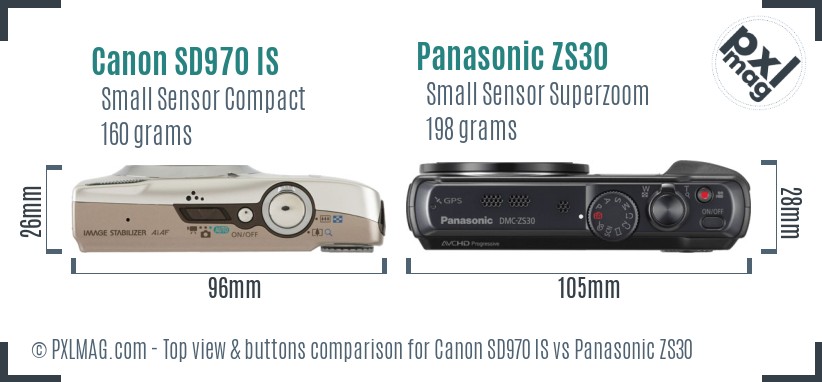 Canon SD970 IS vs Panasonic ZS30 top view buttons comparison