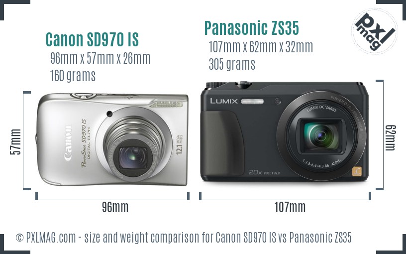 Canon SD970 IS vs Panasonic ZS35 size comparison