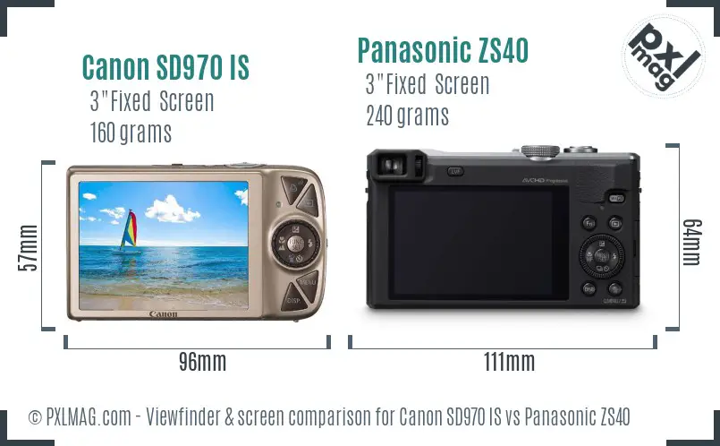 Canon SD970 IS vs Panasonic ZS40 Screen and Viewfinder comparison