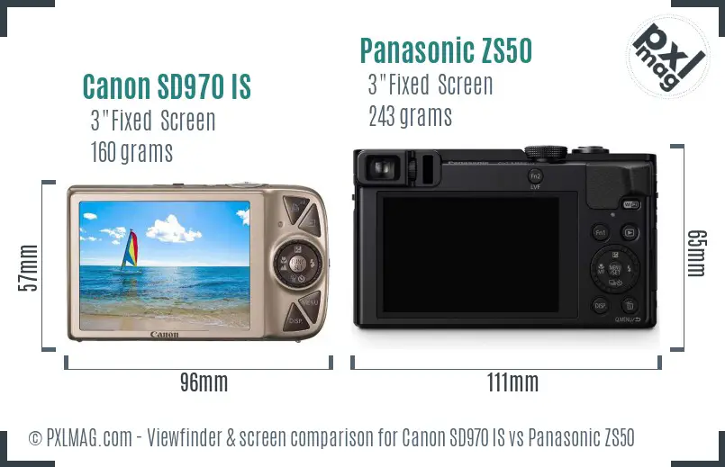 Canon SD970 IS vs Panasonic ZS50 Screen and Viewfinder comparison