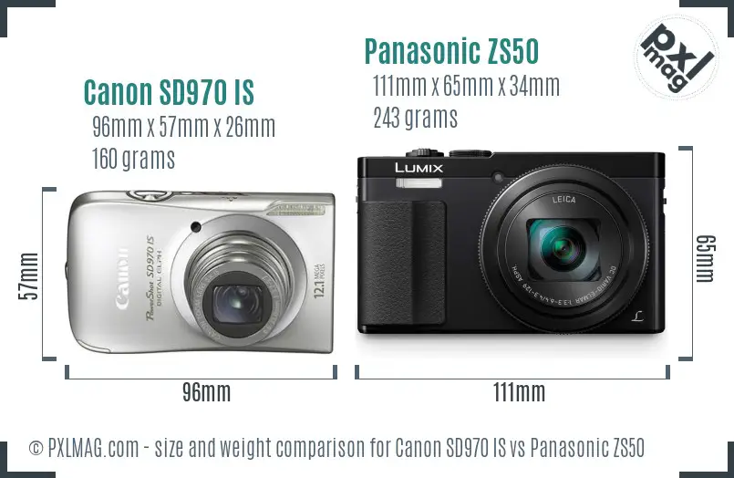 Canon SD970 IS vs Panasonic ZS50 size comparison