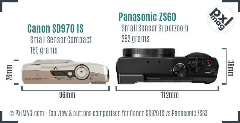 Canon SD970 IS vs Panasonic ZS60 top view buttons comparison