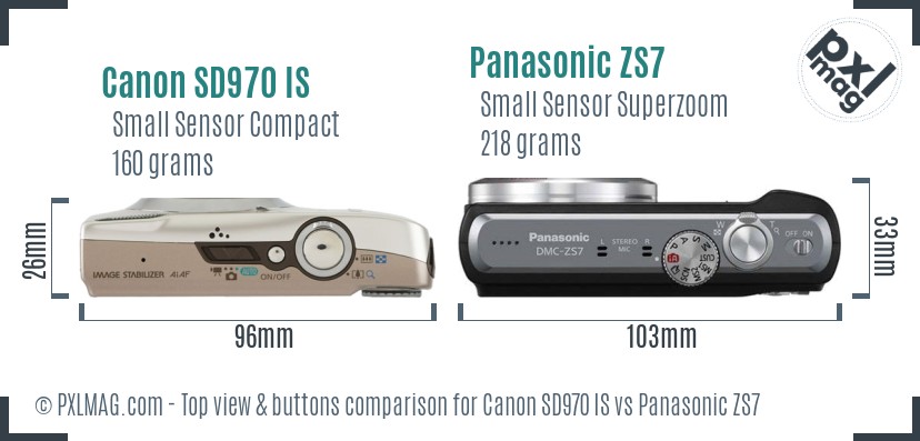 Canon SD970 IS vs Panasonic ZS7 top view buttons comparison