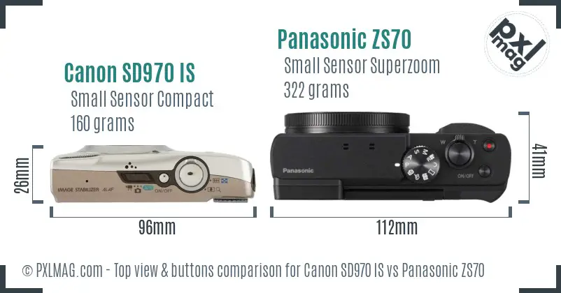 Canon SD970 IS vs Panasonic ZS70 top view buttons comparison