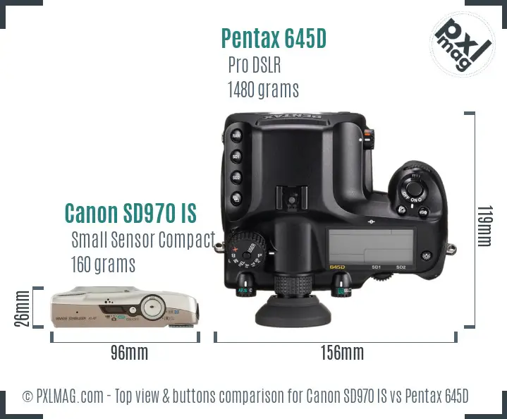 Canon SD970 IS vs Pentax 645D top view buttons comparison