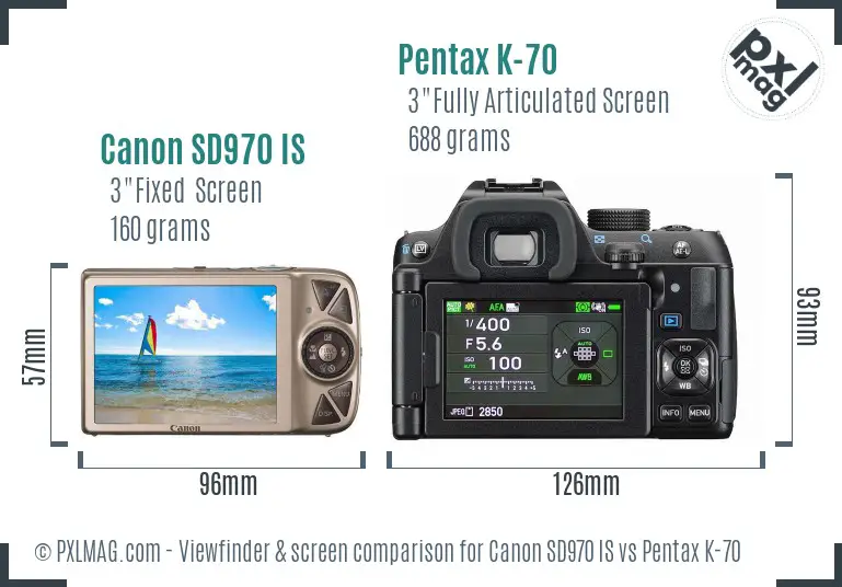 Canon SD970 IS vs Pentax K-70 Screen and Viewfinder comparison