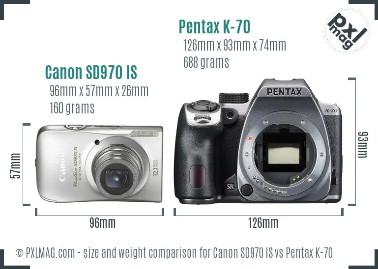 Canon SD970 IS vs Pentax K-70 size comparison